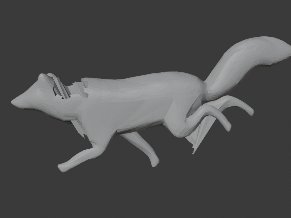 Creature test rig in a crouch pose with collapsed, shredded leg junctions caused by broken automatic weights