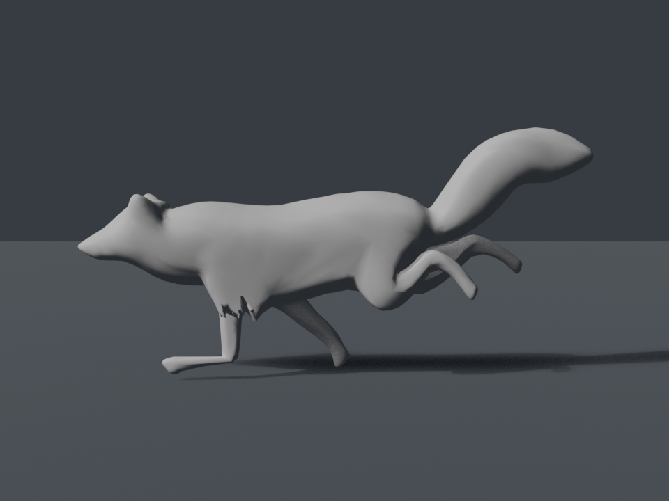 Fox rig mid-run with a dead lower foreleg smearing into a spike