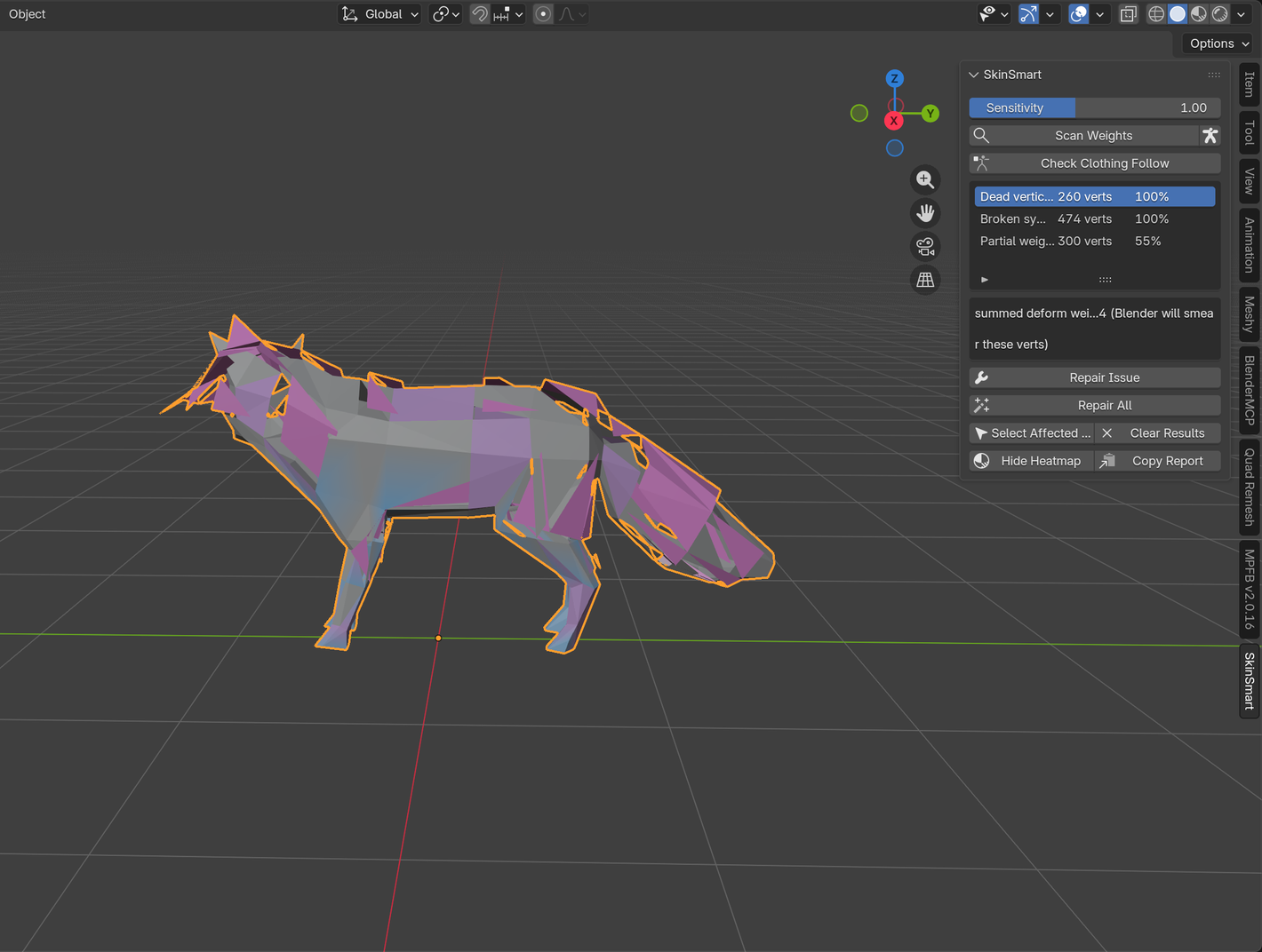 The SkinSmart panel in Blender: ranked issue list with counts and severity, plain-language reason, Repair Issue and Repair All buttons, heatmap-painted fox in the viewport