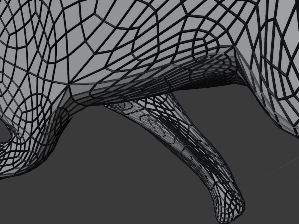 Wireframe close-up of a repaired shoulder junction, edge flow intact
